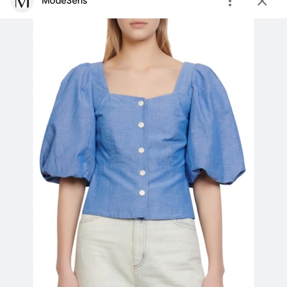 Sandro Mayan Cropped Shirred Chambray Top In Blue - Picture 1 of 5